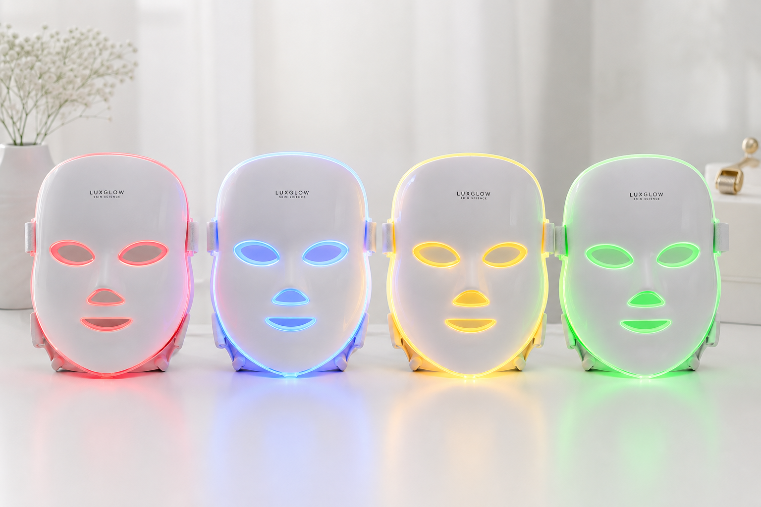 Masque LED visage 7 couleurs montrant les différentes longueurs d'onde rouge bleu jaune vert